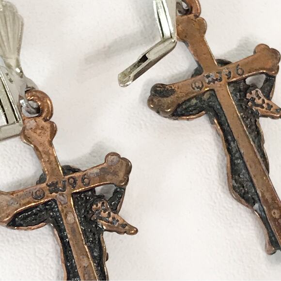 Artist Signed J96 Etched Copper Cherub Angel on Cross Drop Earrings - Picture 10 of 12